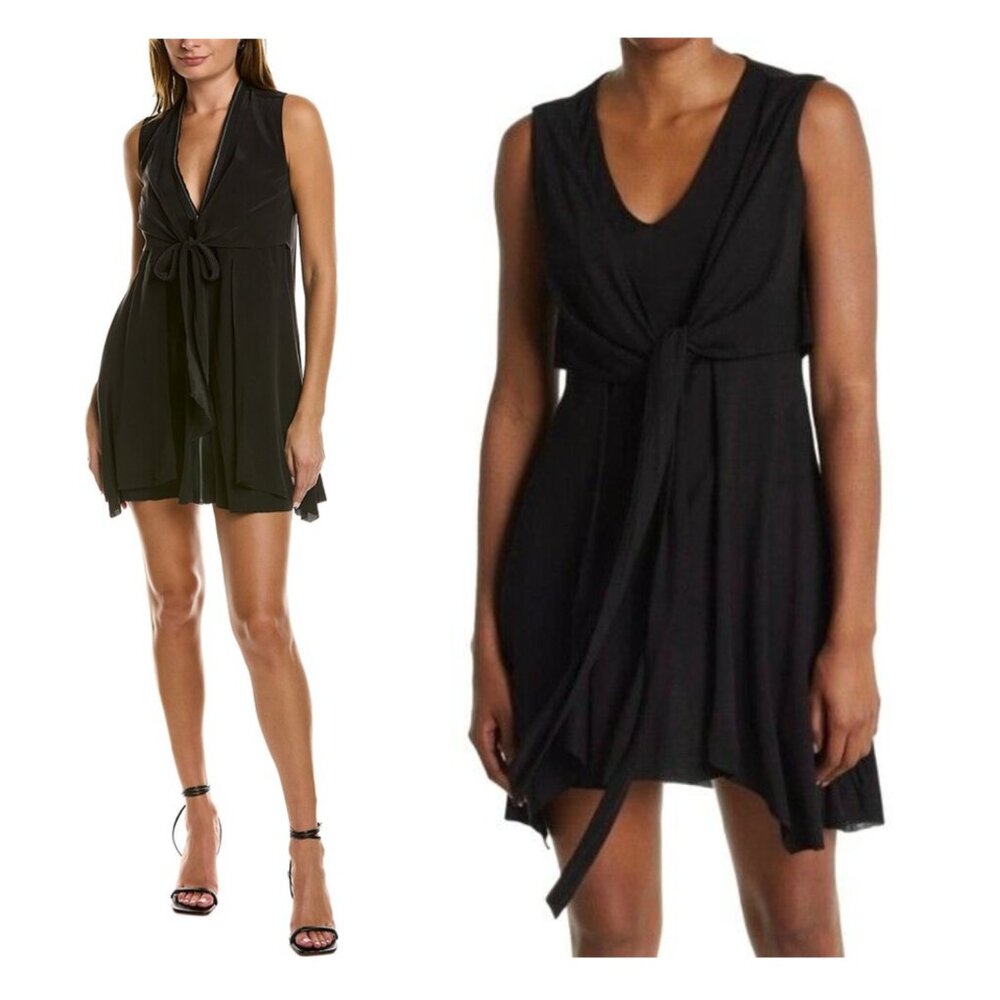 All Saints Jayda Jersey Dress Black Tie Waist size M Stretchy V-neck Minimalist
